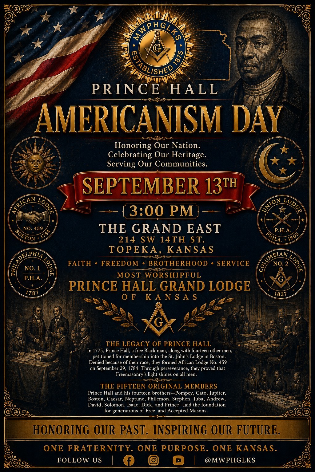 Prince Hall Americanism Day flyer based on an original design begun by Bro. Al Gordon and later altered