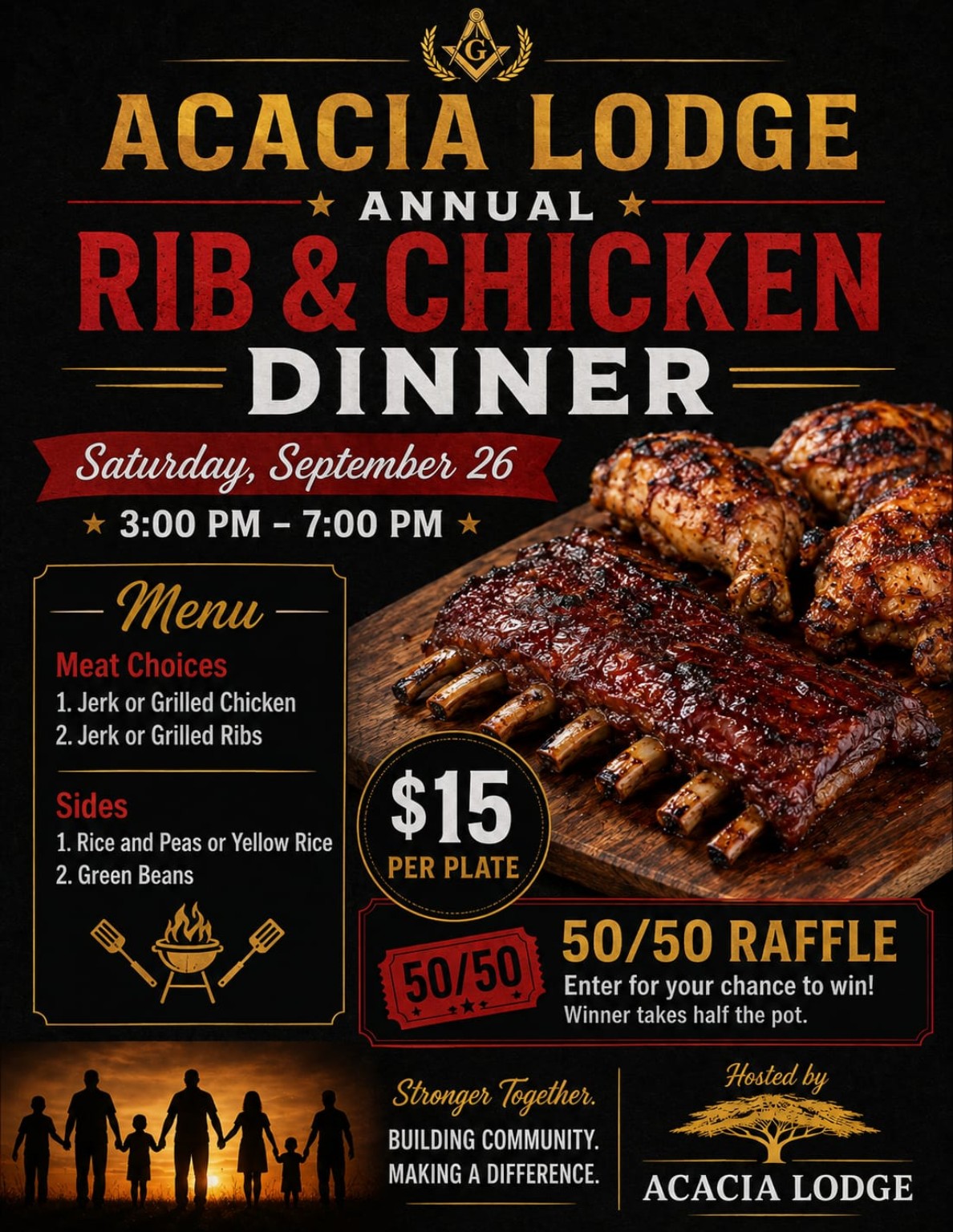 Acacia Lodge Annual Rib and Chicken Dinner flyer for Saturday, September 26, 2026